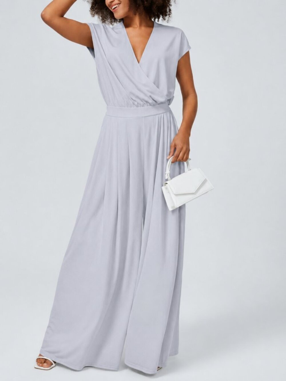 Halara NEW Blue Gray V-Neck Wide Leg Flowy Easy Peezy Waffle Knit Jumpsuit SZ XL